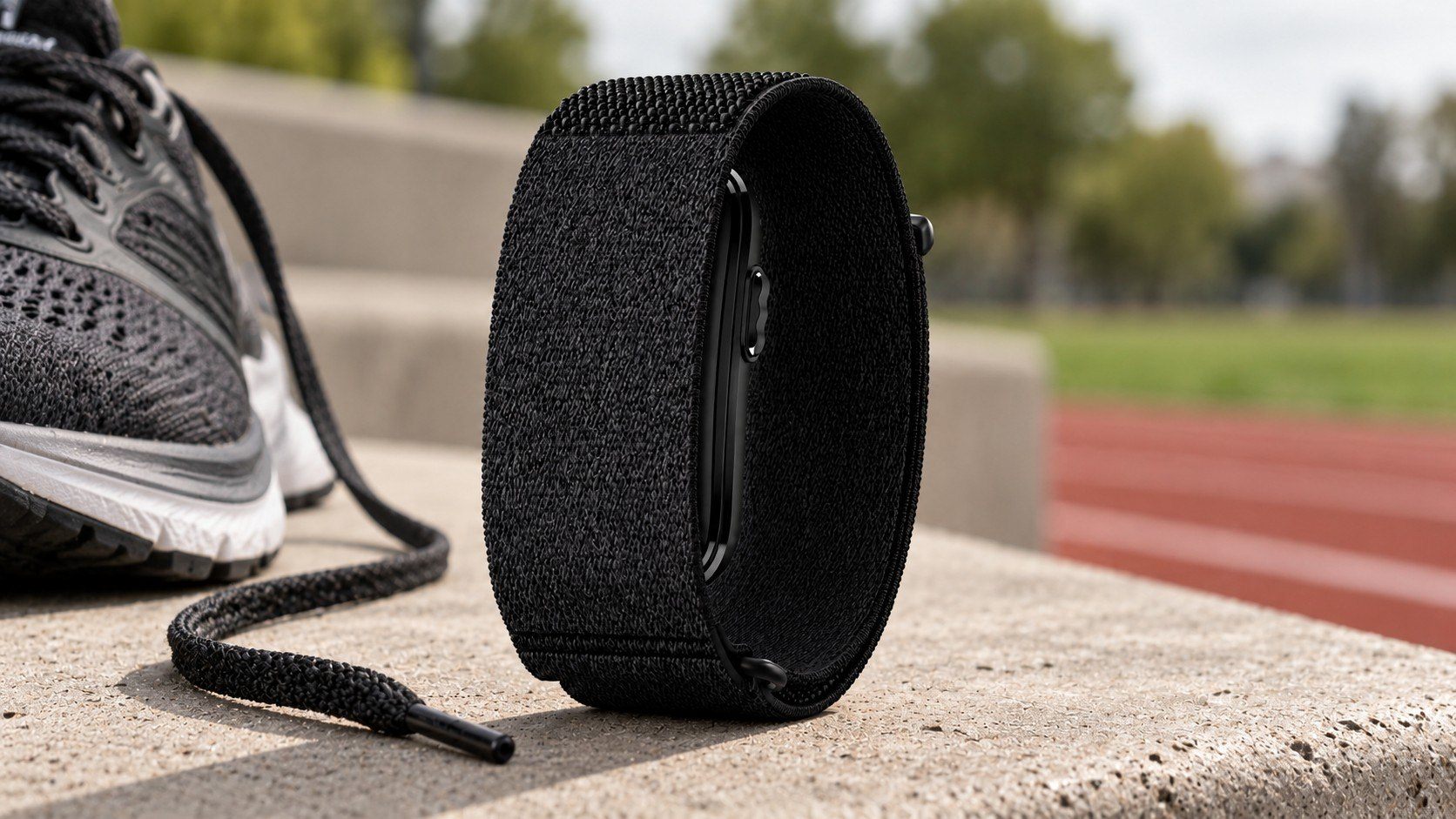 Чёрный фитнес-браслет Garmin CIRQA рядом с беговыми кроссовками